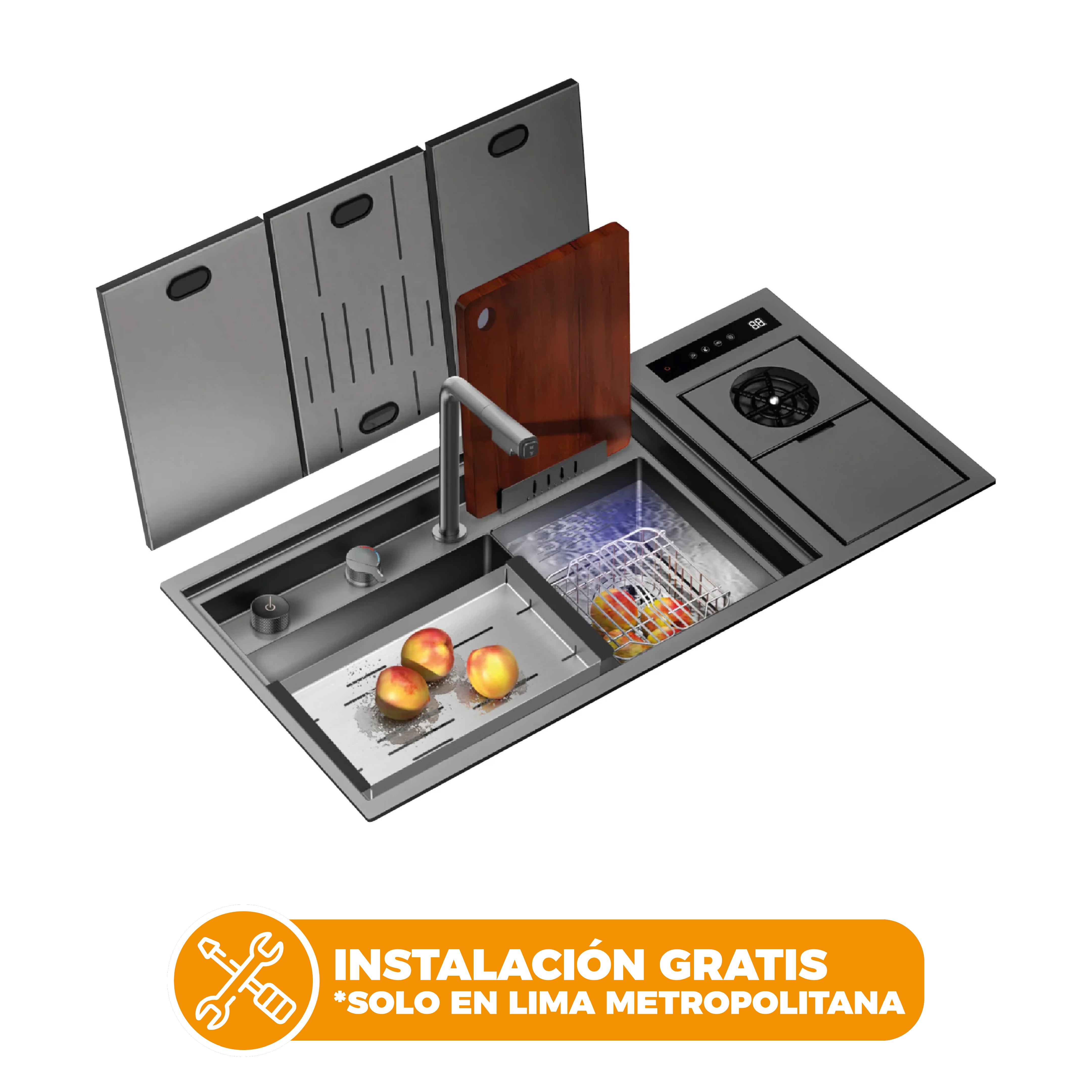 Lavadero Inteligente C/Funcion Hydro Purificacion Nano Black De Acero Inox.304 C/Mezcladora 98x45x23cm- Fratelli Signature